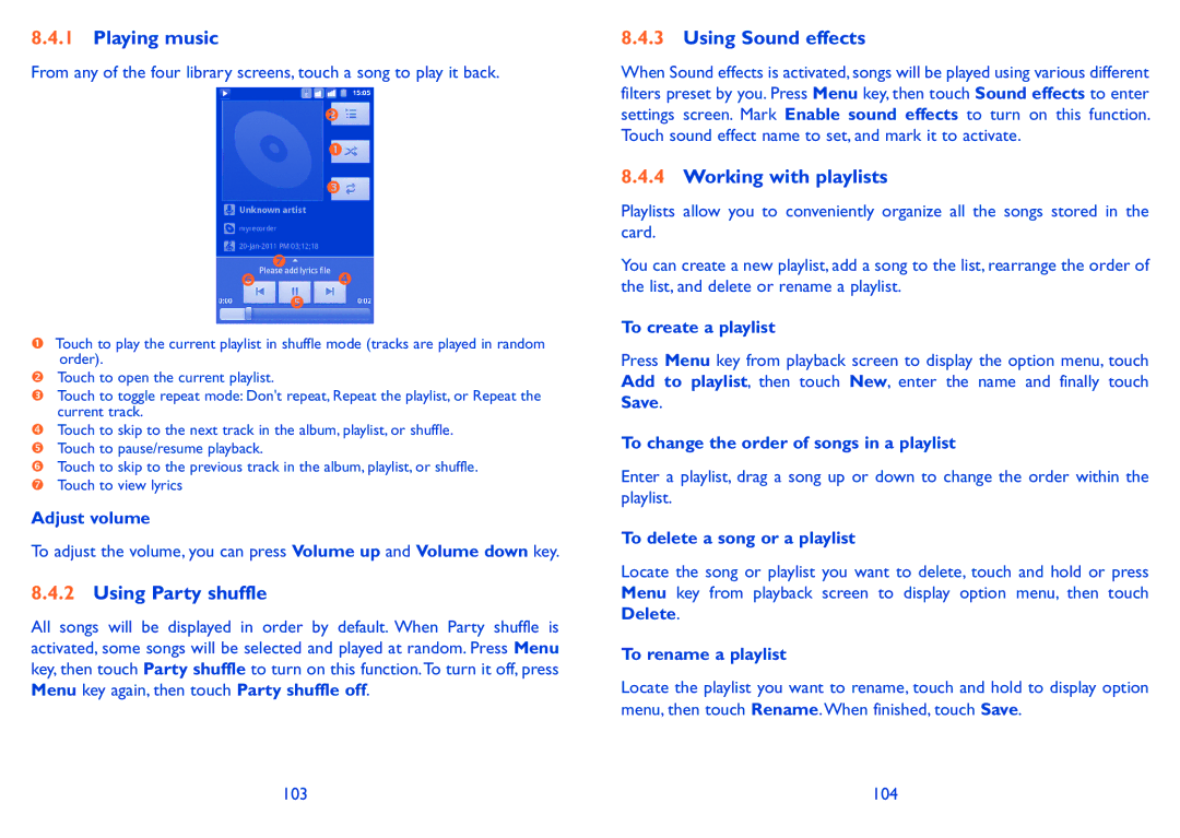 Alcatel 918D manual Playing music, Using Party shuffle, Using Sound effects, Working with playlists 