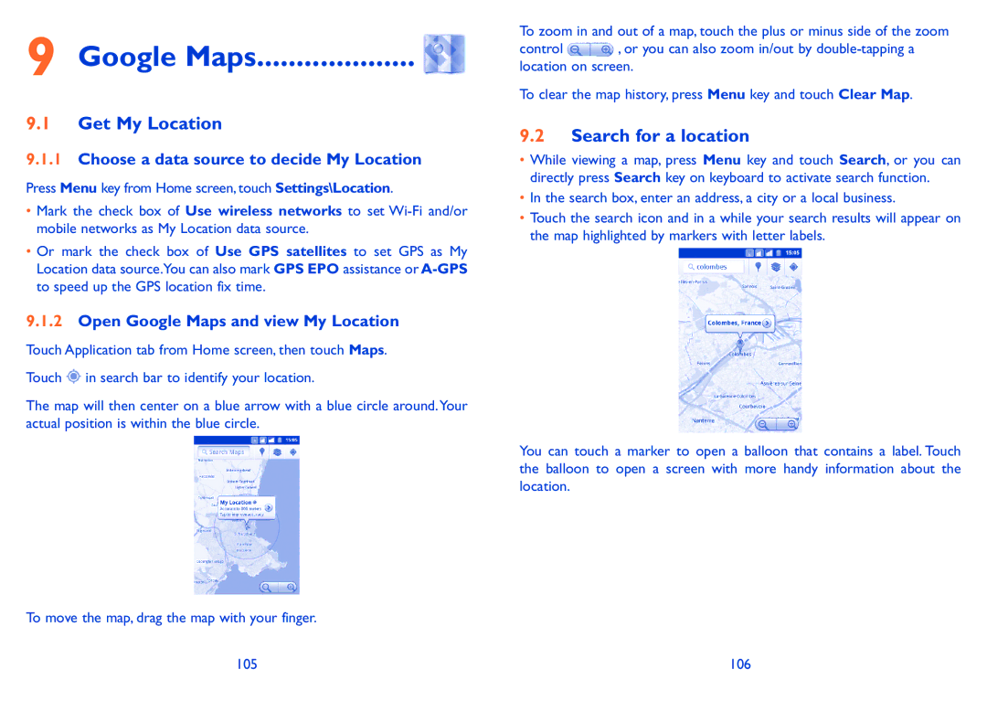 Alcatel 918D manual Google Maps, Get My Location, Search for a location, Choose a data source to decide My Location 