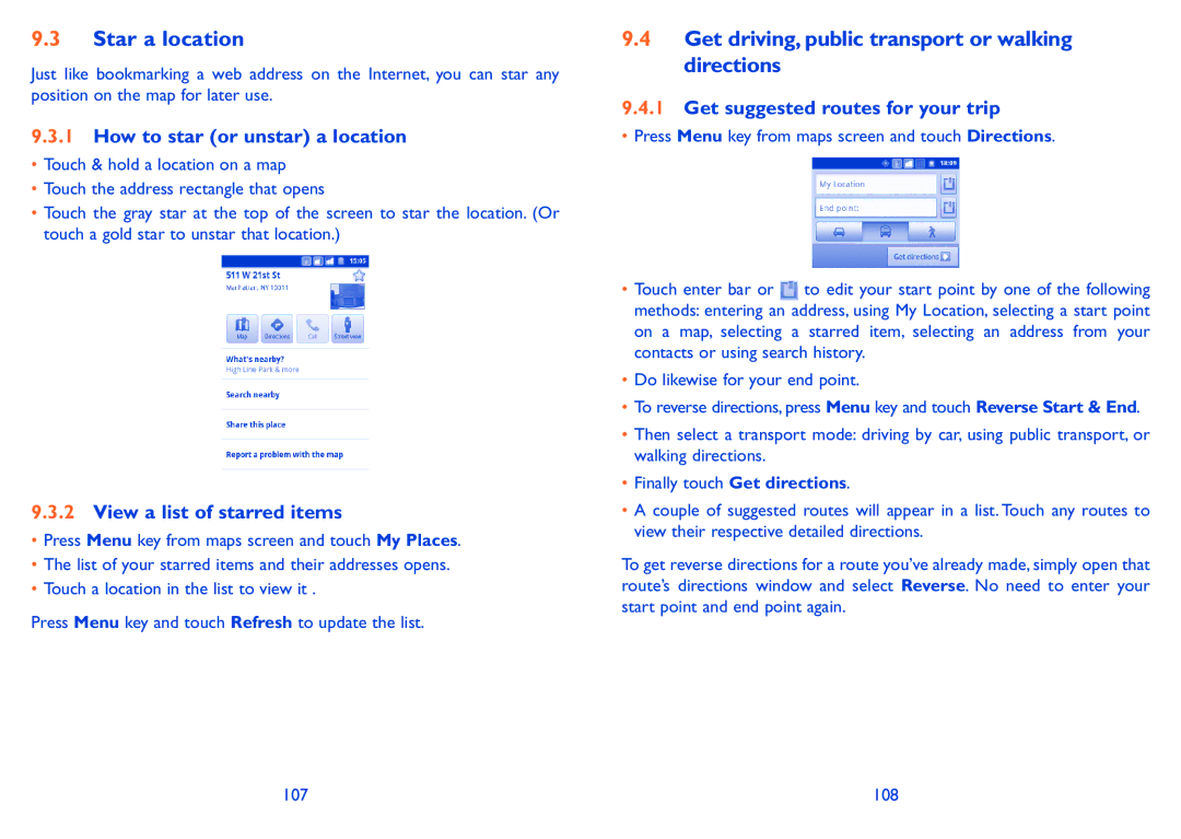 Alcatel 918D manual Star a location, Get driving, public transport or walking directions, How to star or unstar a location 