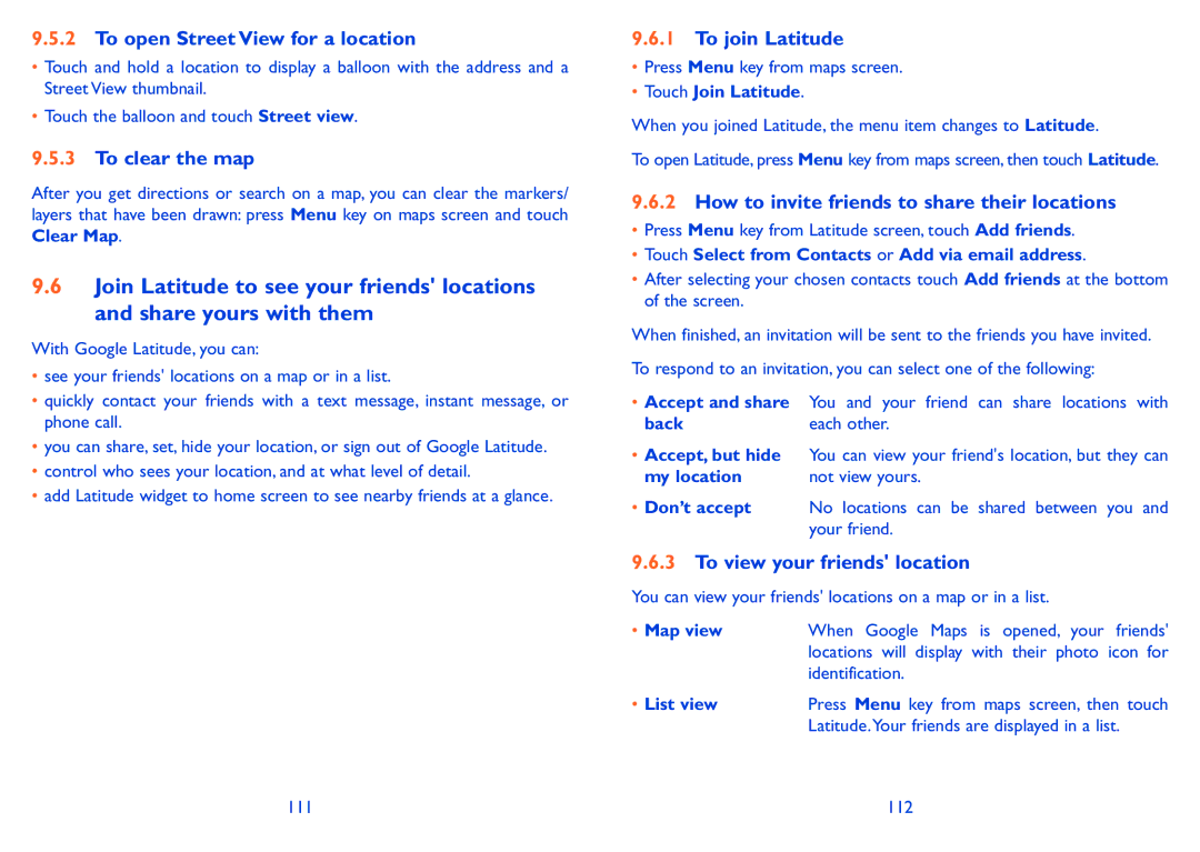 Alcatel 918D manual To open Street View for a location, To clear the map, To join Latitude, To view your friends location 