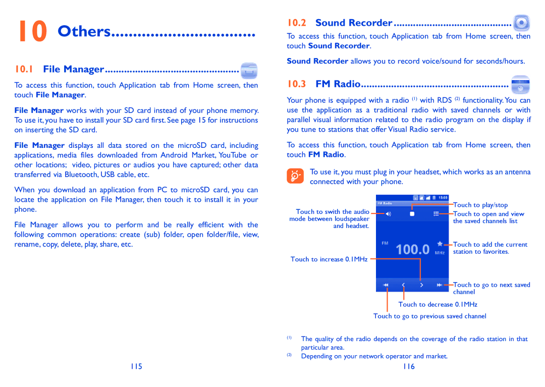 Alcatel 918D manual Others, File Manager, FM Radio, Touch Sound Recorder 