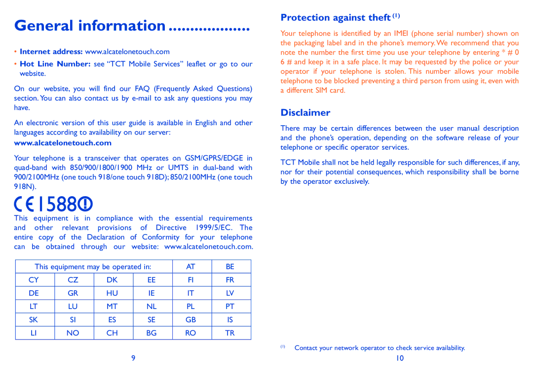 Alcatel 918D manual General information, Protection against theft, Disclaimer 