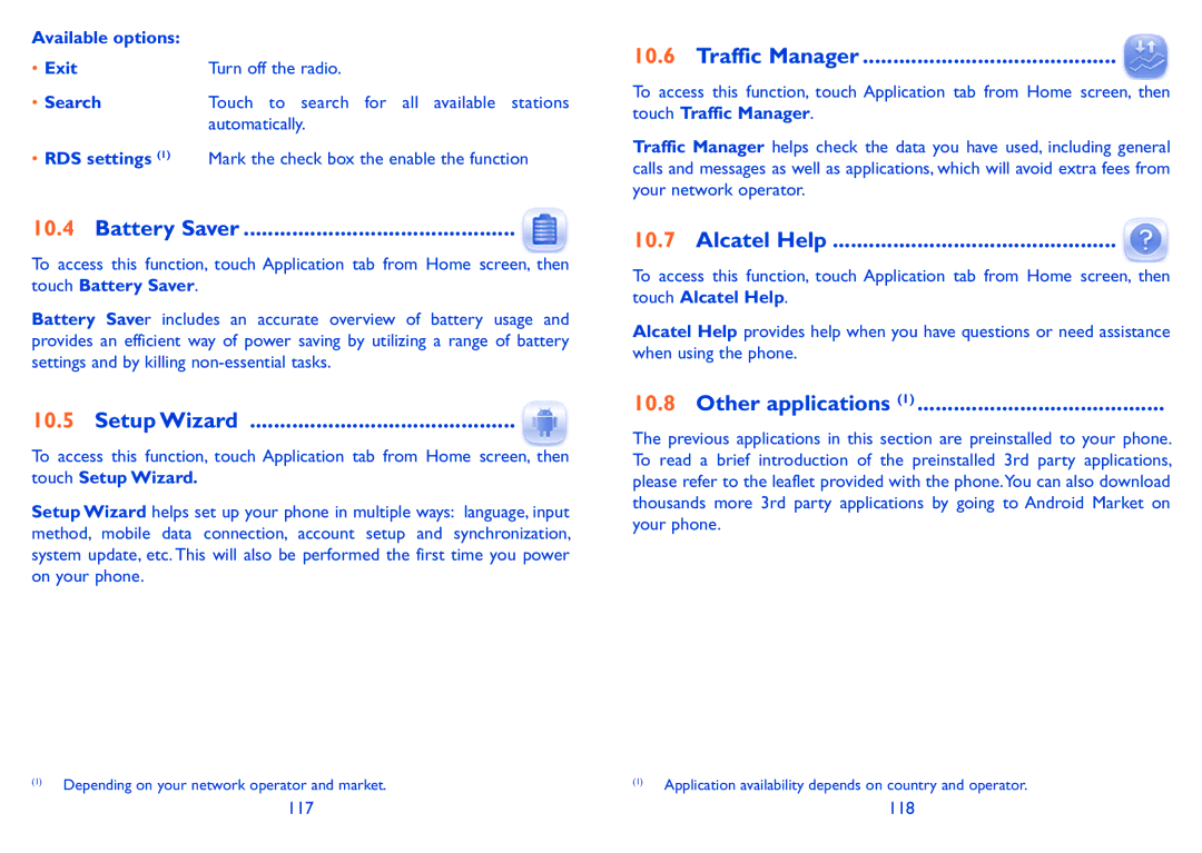 Alcatel 918D manual Battery Saver, Setup Wizard, Traffic Manager, Alcatel Help, Other applications 