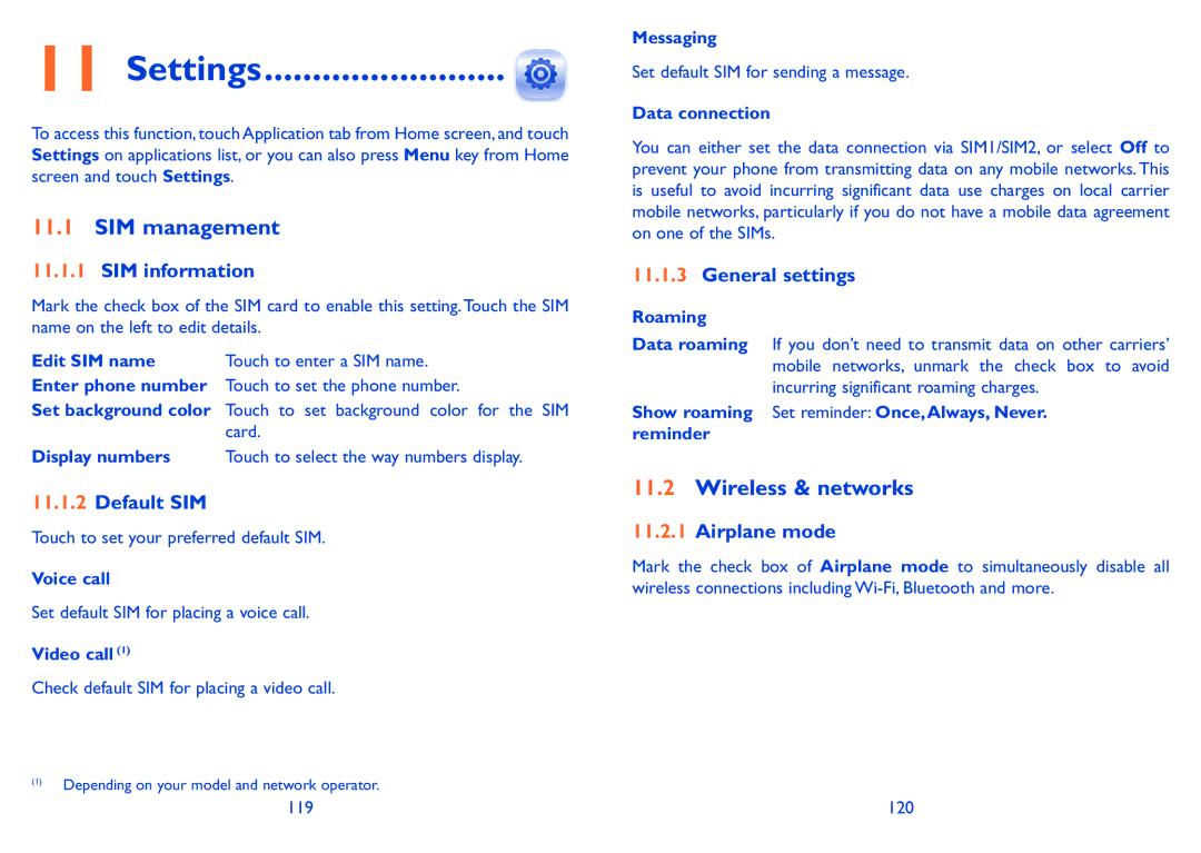 Alcatel 918D manual Settings, SIM management, Wireless & networks 