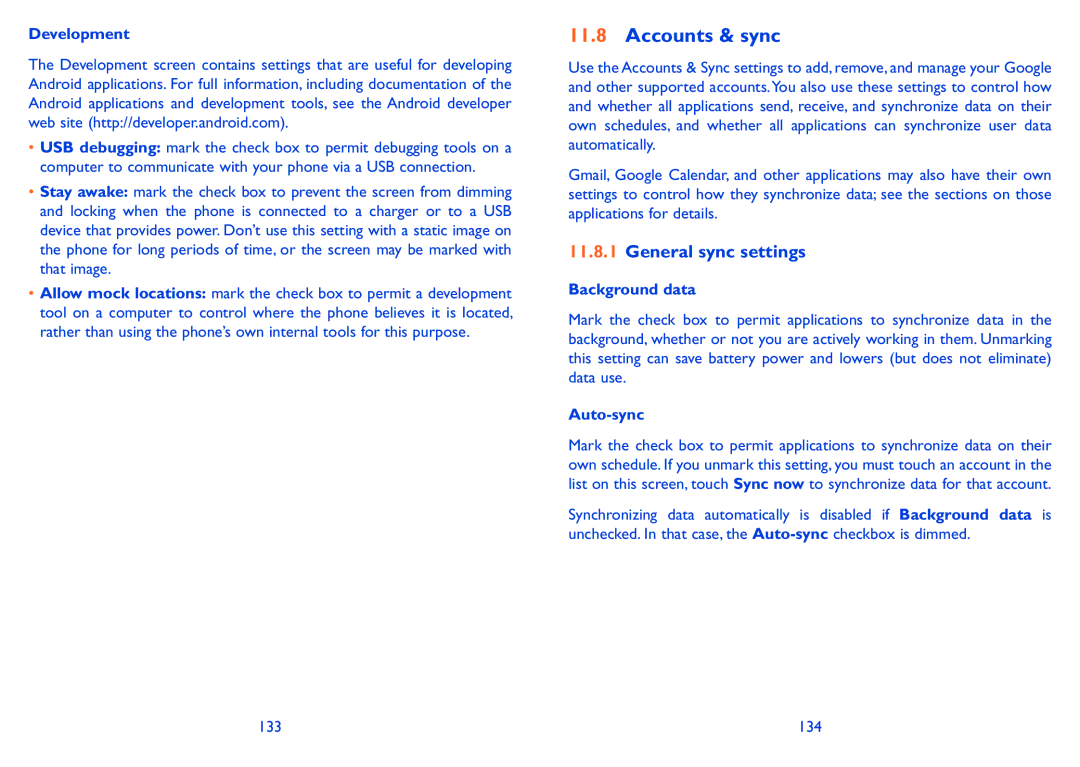 Alcatel 918D manual Accounts & sync, General sync settings, Development 
