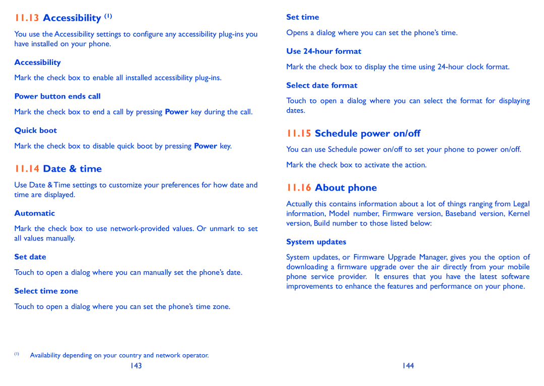 Alcatel 918D manual Accessibility, Date & time, Schedule power on/off, About phone 