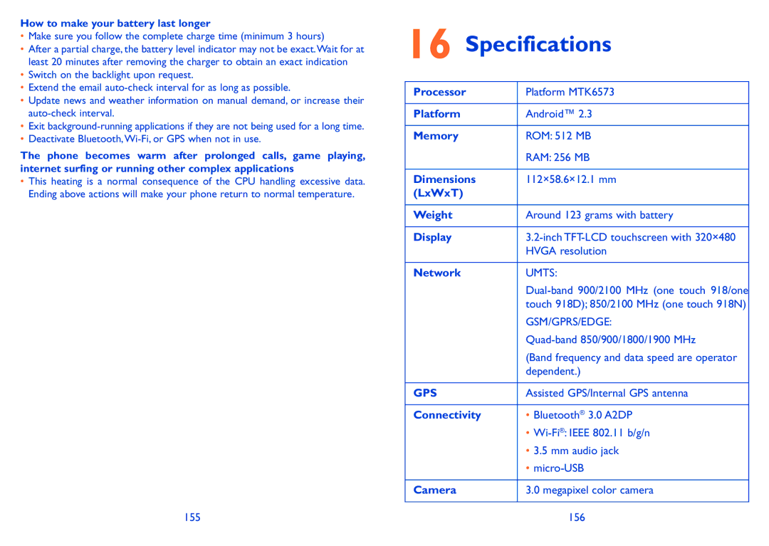 Alcatel 918D manual Specifications 