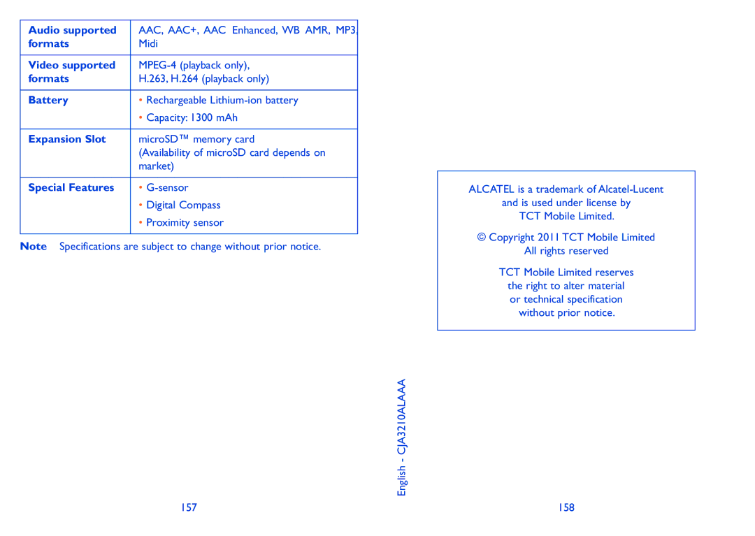 Alcatel 918D manual Audio supported, Formats, Video supported, Battery, Expansion Slot, Special Features 