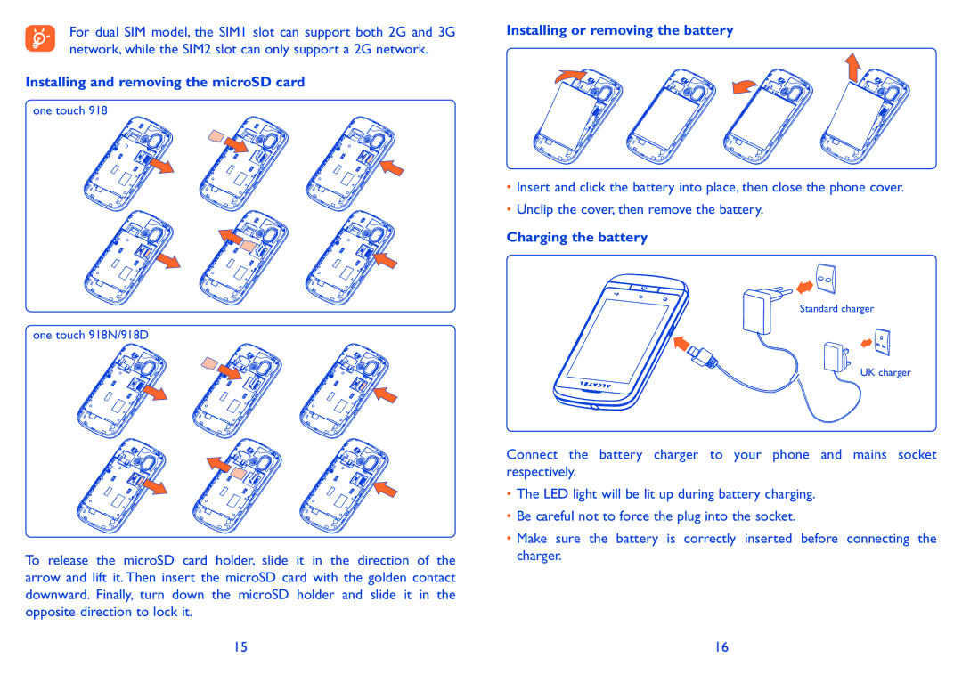 Alcatel 918D manual Installing and removing the microSD card, Installing or removing the battery, Charging the battery 