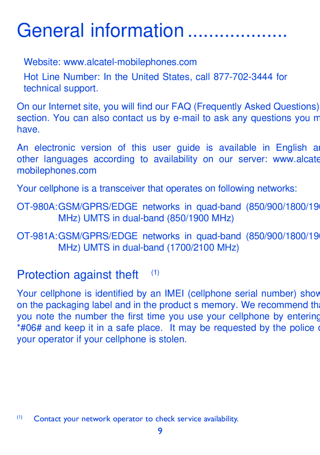 Alcatel 980A manual General information, Protection against theft 