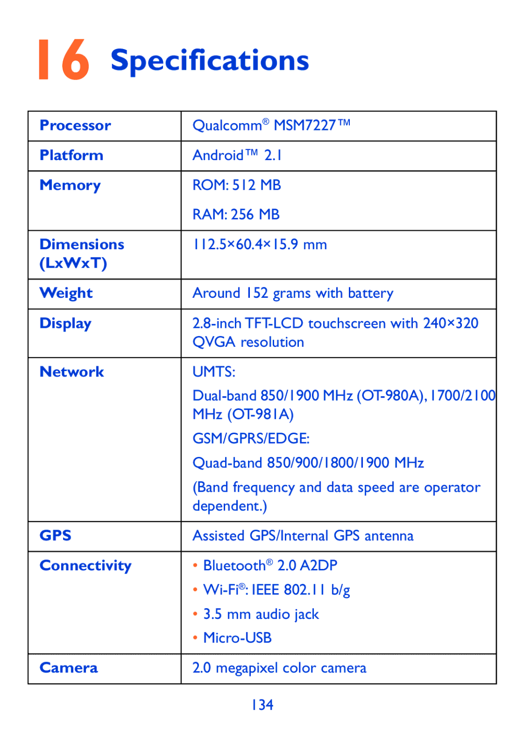 Alcatel 980A manual Specifications 