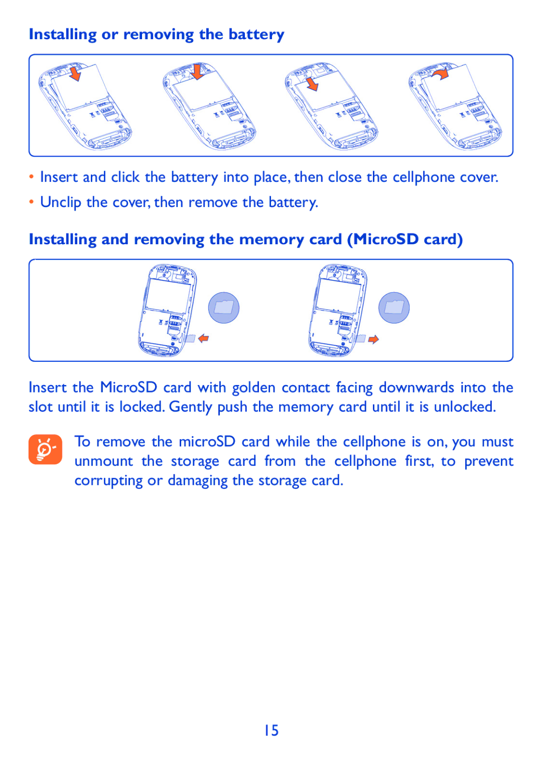 Alcatel 980A manual Installing or removing the battery, Installing and removing the memory card MicroSD card 