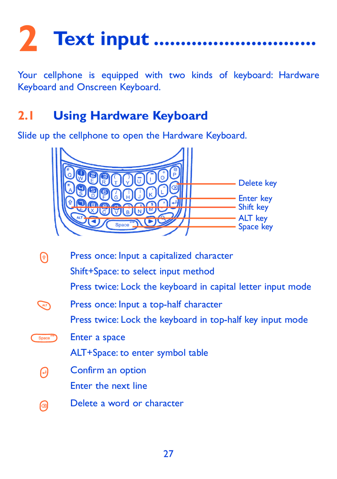 Alcatel 980A manual Text input, Using Hardware Keyboard 