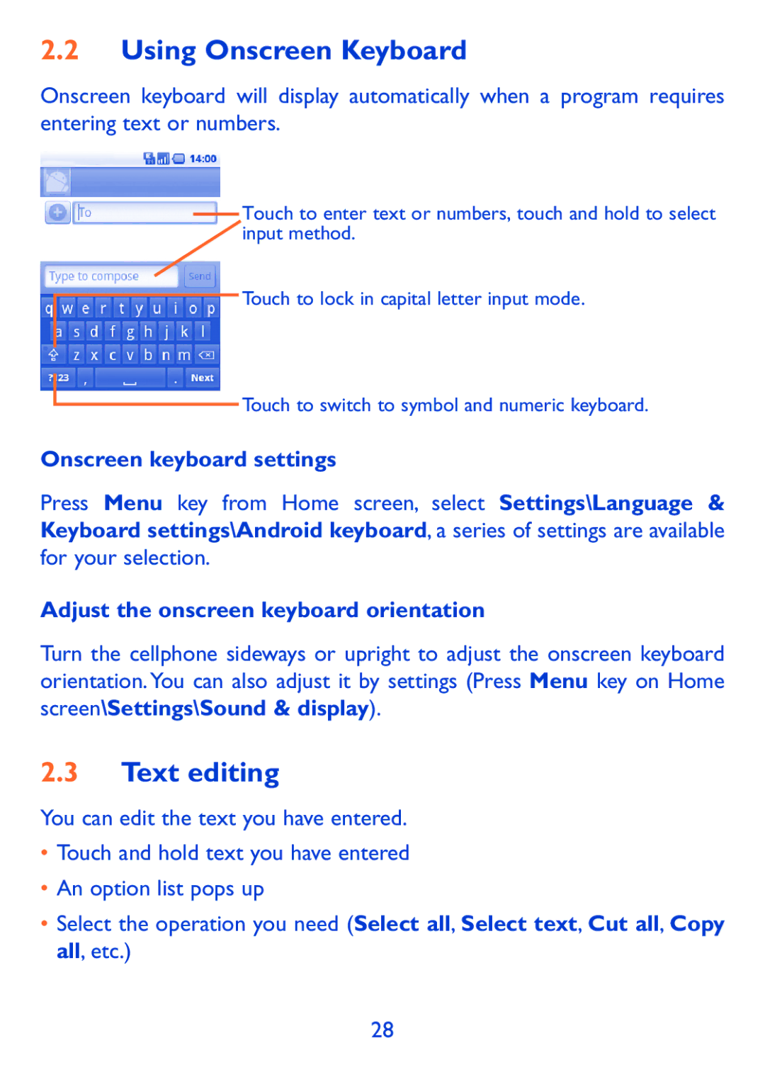 Alcatel 980A Using Onscreen Keyboard, Text editing, Onscreen keyboard settings, Adjust the onscreen keyboard orientation 