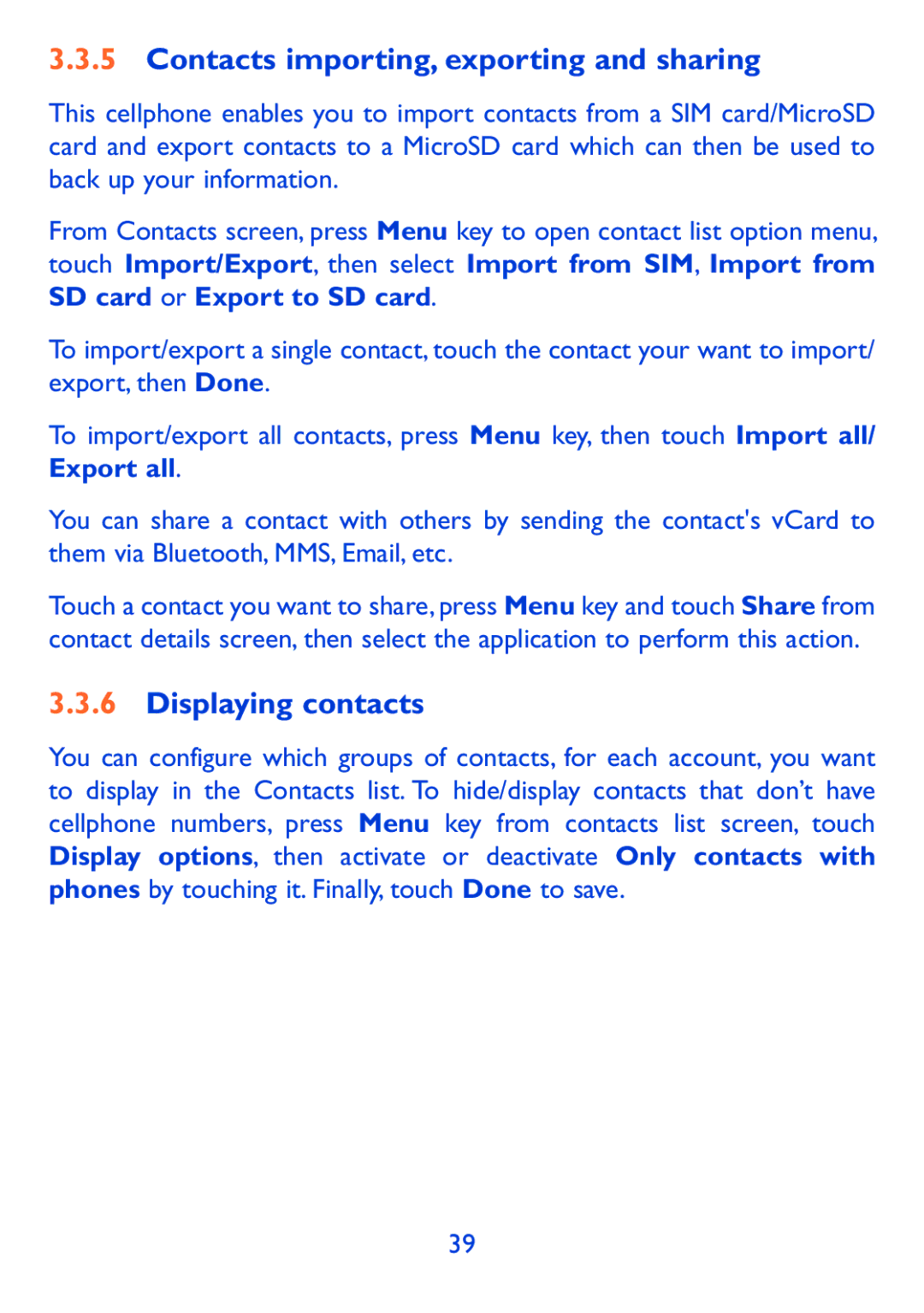 Alcatel 980A manual Contacts importing, exporting and sharing, Displaying contacts 
