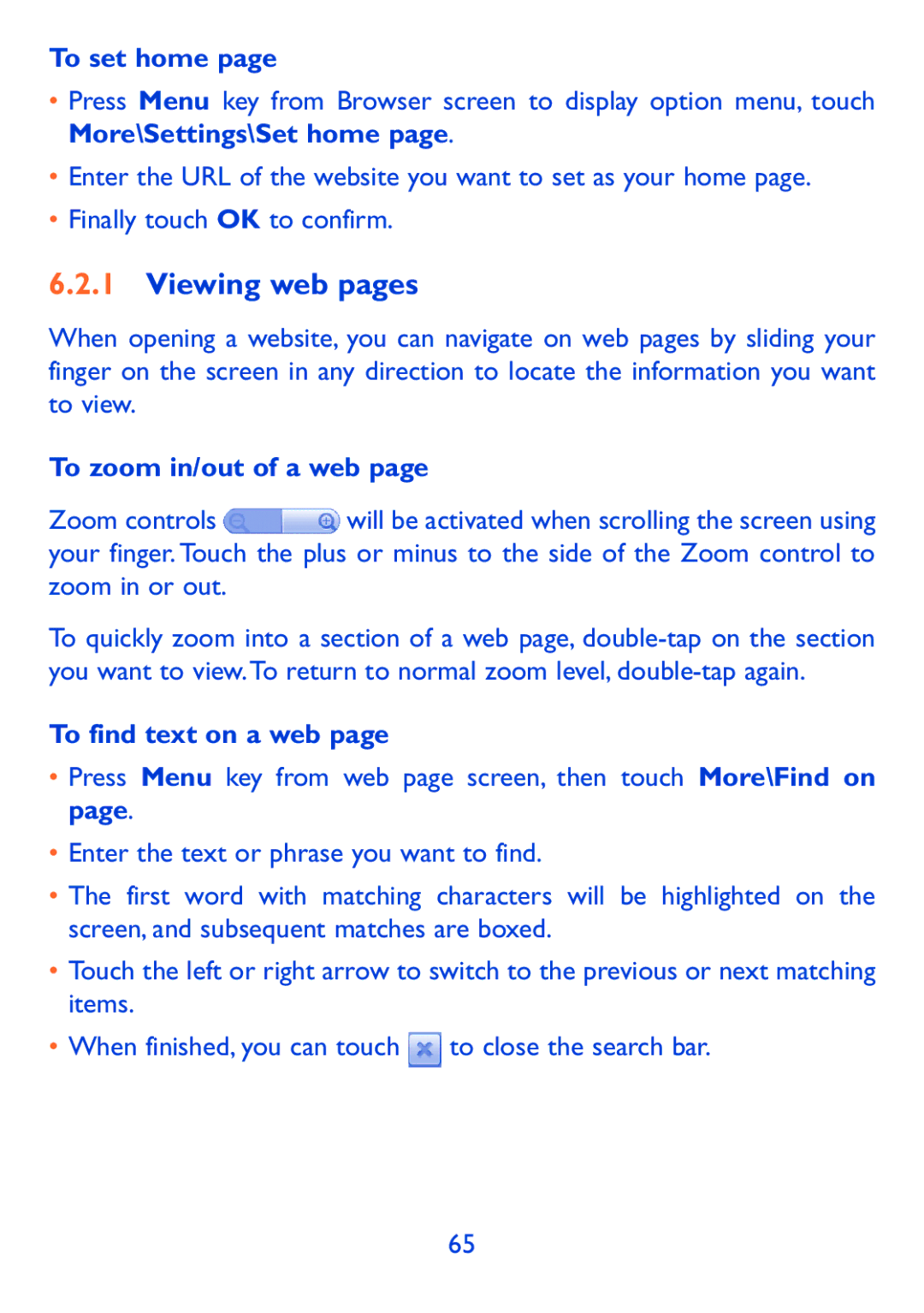 Alcatel 980A manual Viewing web pages, To set home, To zoom in/out of a web, To find text on a web 