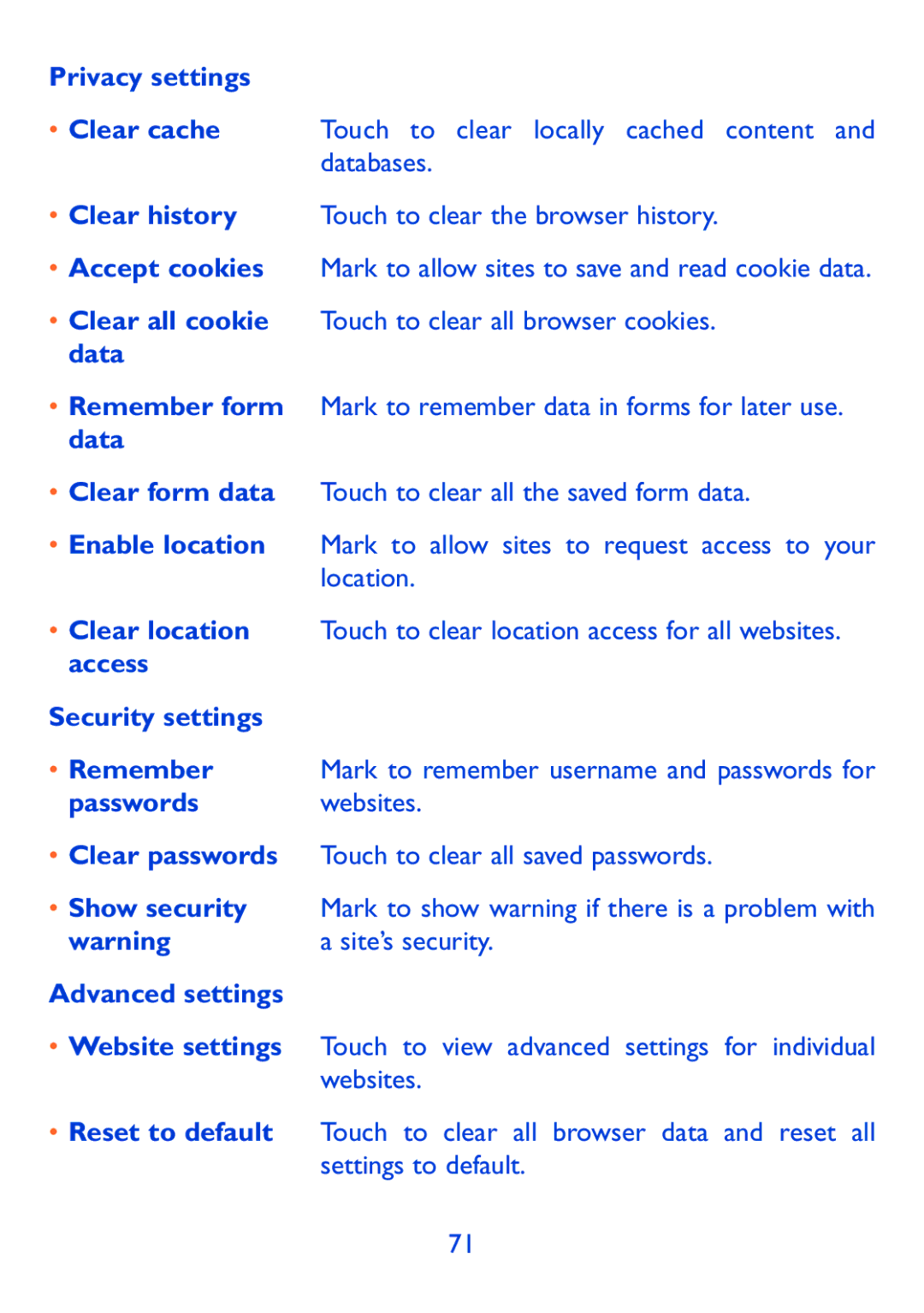 Alcatel 980A manual Privacy settings, Security settings, Passwords websites, Advanced settings 