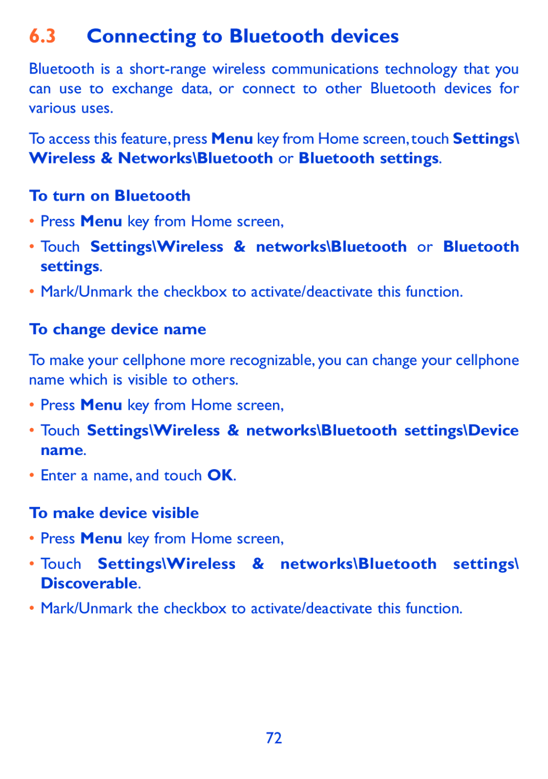 Alcatel 980A manual Connecting to Bluetooth devices, To turn on Bluetooth, To change device name, To make device visible 