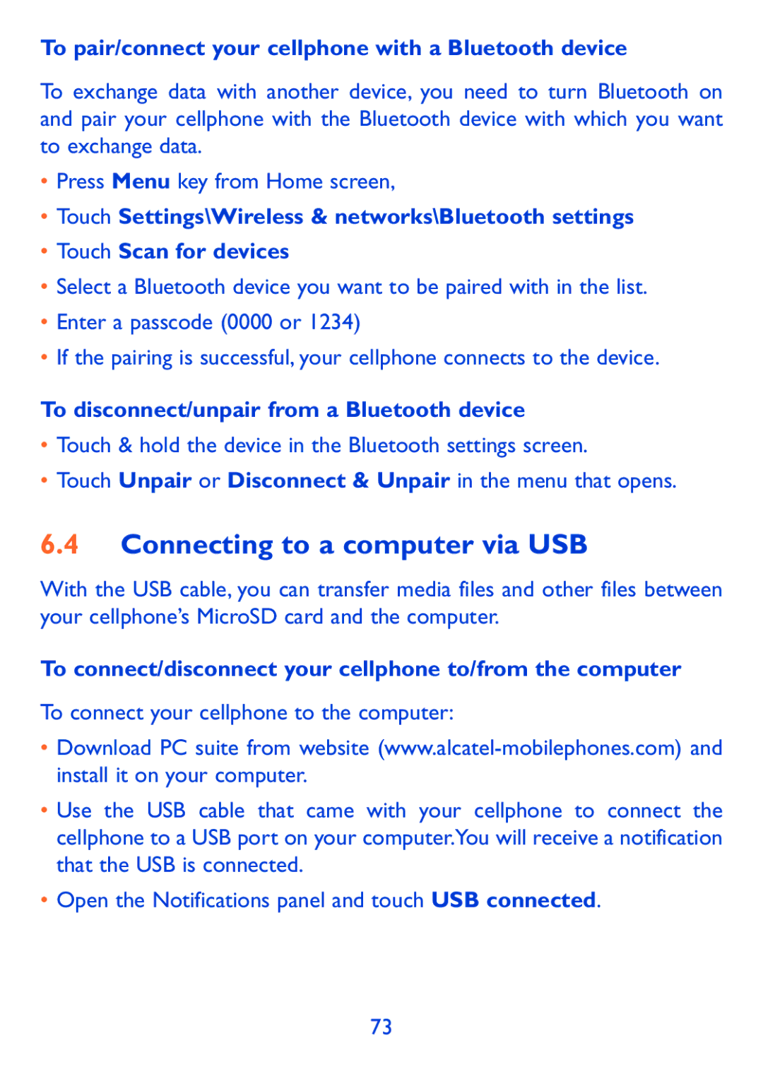 Alcatel 980A manual Connecting to a computer via USB, To pair/connect your cellphone with a Bluetooth device 