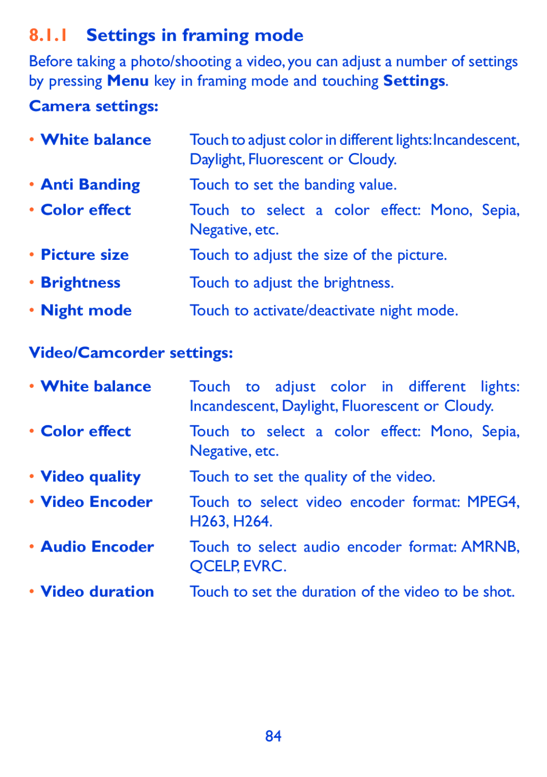 Alcatel 980A manual Settings in framing mode, Camera settings, Picture size, Brightness, Video/Camcorder settings 