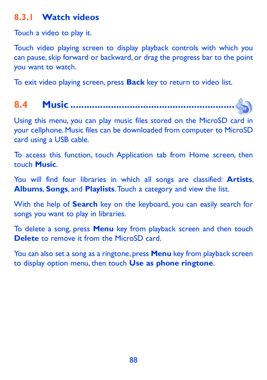 Alcatel 980A manual Music, Watch videos 
