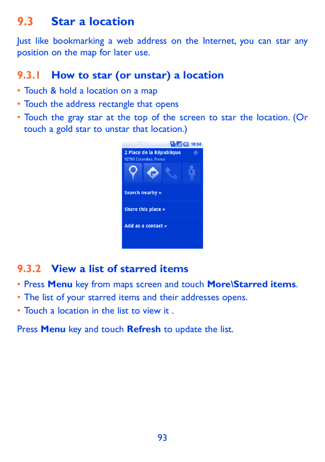 Alcatel 980A manual Star a location, How to star or unstar a location, View a list of starred items 