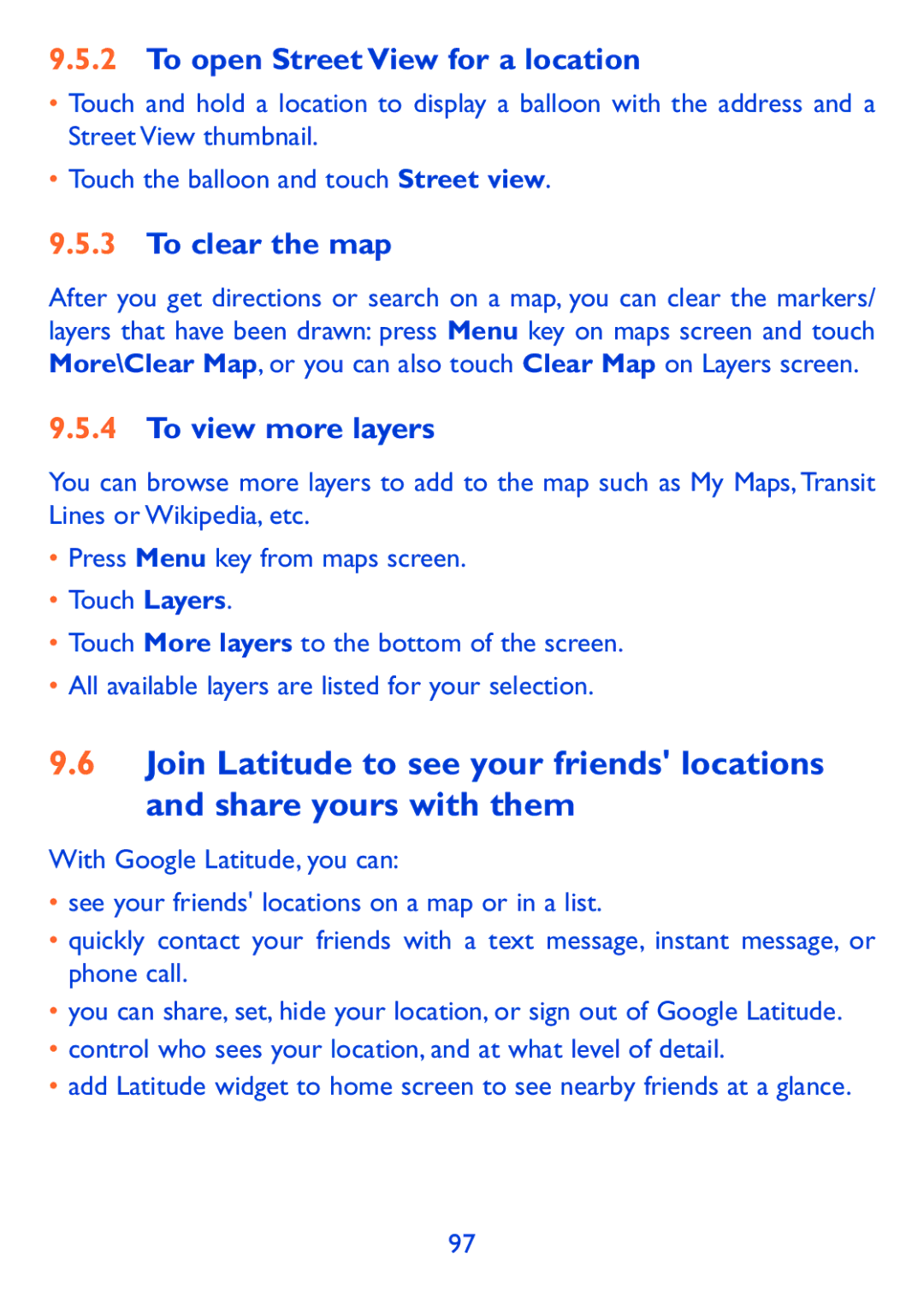 Alcatel 980A manual To open Street View for a location, To clear the map, To view more layers 