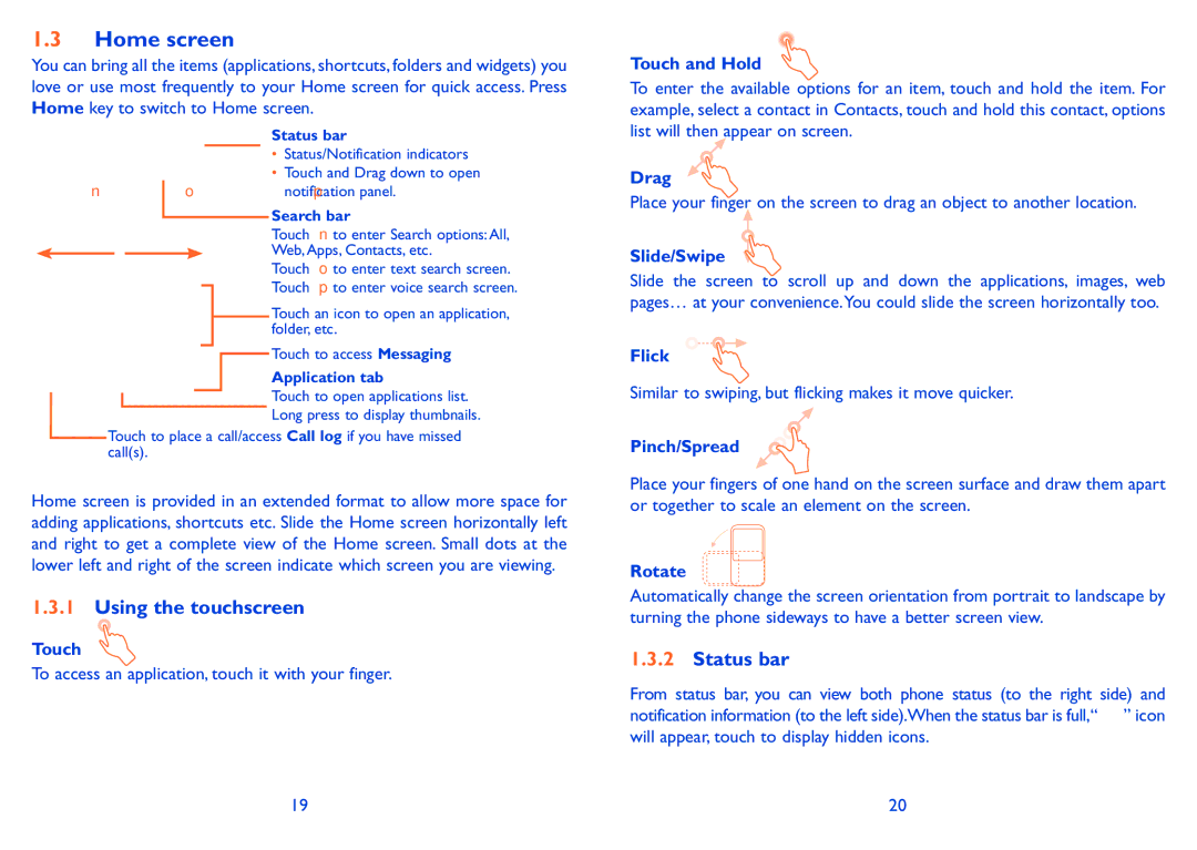 Alcatel 985N, 985D manual Home screen, Using the touchscreen, Status bar 