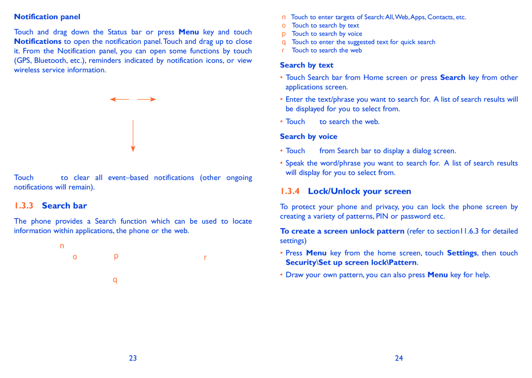 Alcatel 985N, 985D manual Search bar, Lock/Unlock your screen, Notification panel, Search by text, Search by voice 