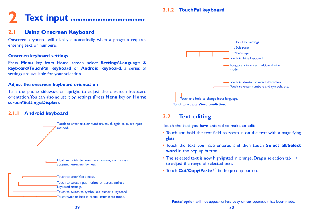 Alcatel 985D, 985N manual Text input, Using Onscreen Keyboard, Text editing, Android keyboard, TouchPal keyboard 