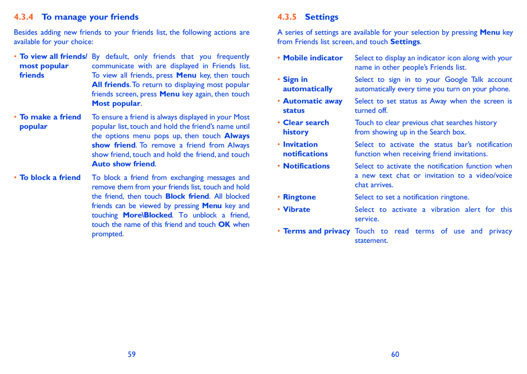 Alcatel 985N, 985D manual To manage your friends, Settings 