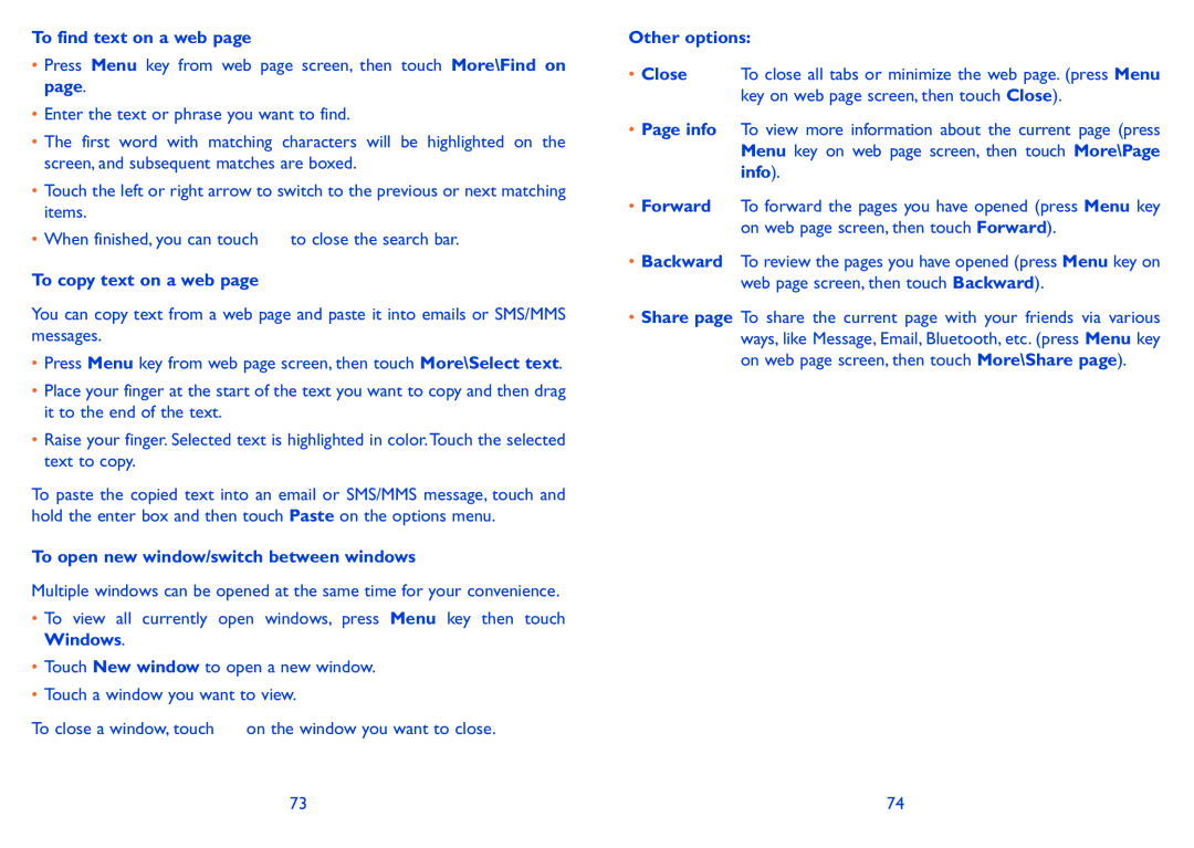 Alcatel 985D, 985N To find text on a web, To copy text on a web, To open new window/switch between windows, Other options 