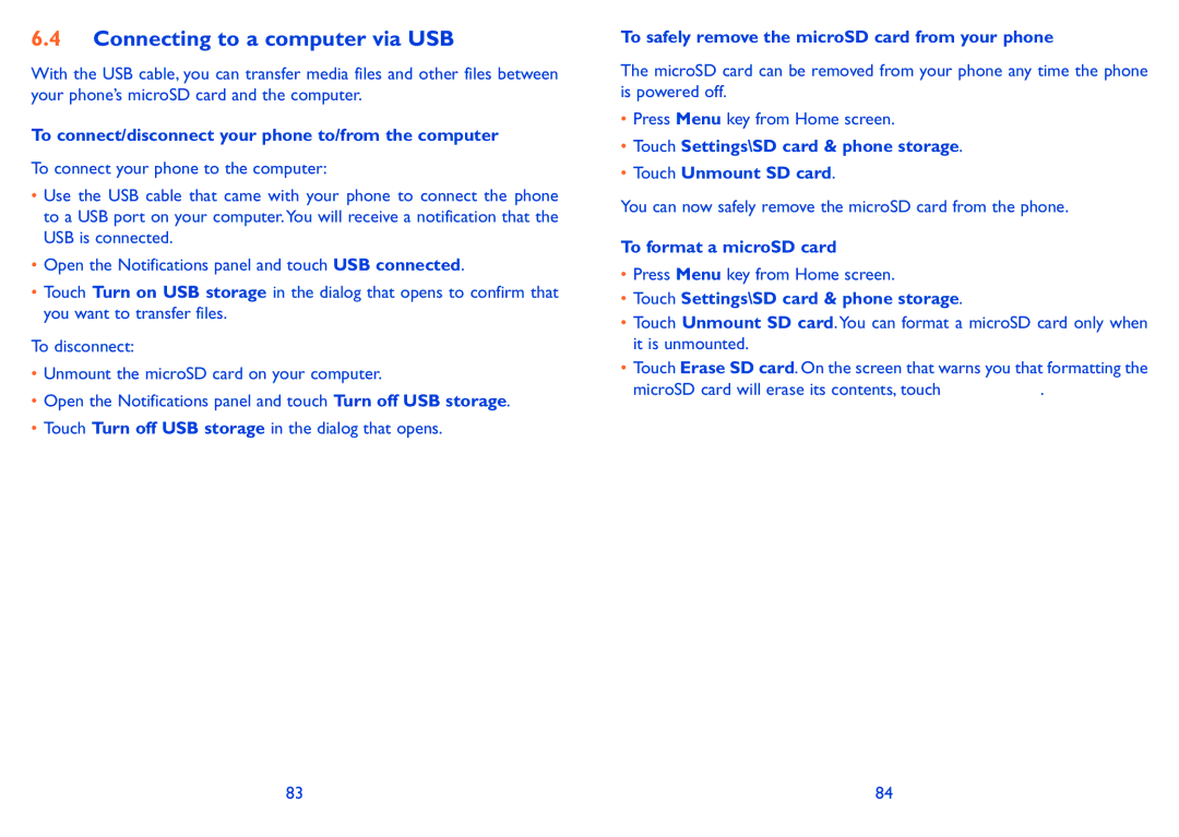 Alcatel 985N, 985D manual Connecting to a computer via USB, To connect/disconnect your phone to/from the computer 