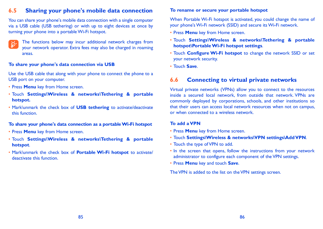 Alcatel 985D, 985N manual Sharing your phones mobile data connection, Connecting to virtual private networks 