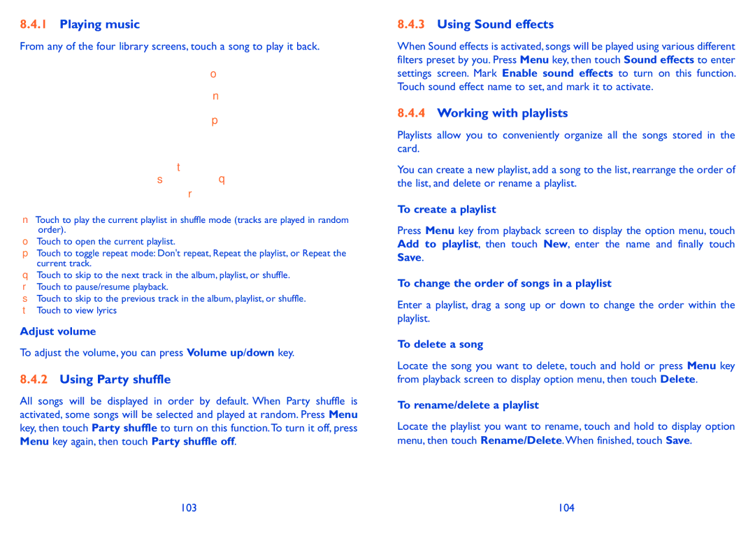 Alcatel 985N, 985D manual Playing music, Using Party shuffle, Using Sound effects, Working with playlists 