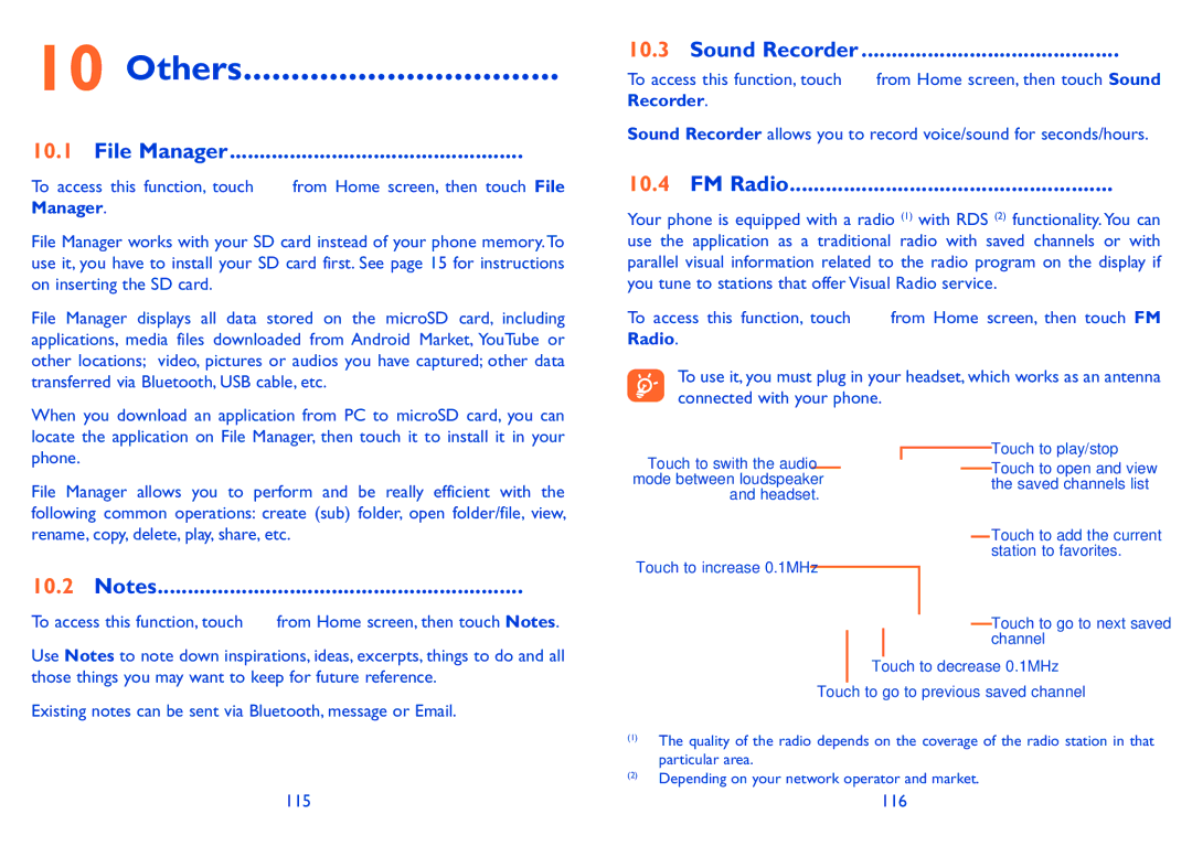 Alcatel 985N, 985D manual Others, File Manager, Sound Recorder, FM Radio 