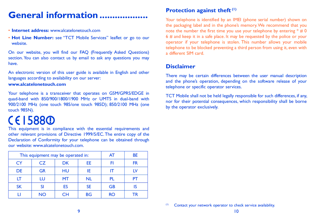 Alcatel 985D, 985N manual General information, Protection against theft, Disclaimer 