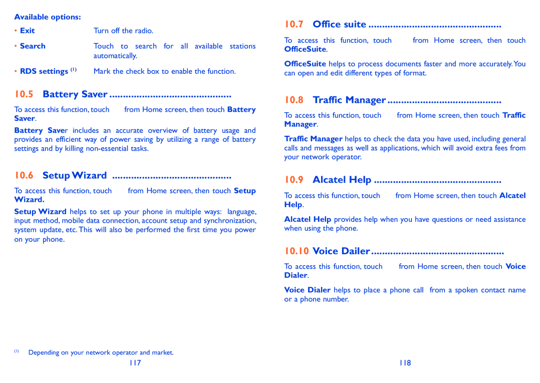 Alcatel 985D, 985N manual Battery Saver, Setup Wizard, Office suite, Traffic Manager, Alcatel Help 
