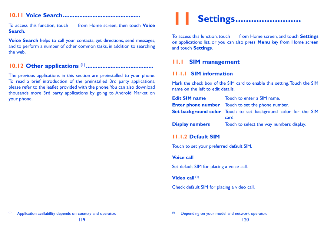 Alcatel 985N, 985D manual Settings, Voice Search, Other applications, SIM management 