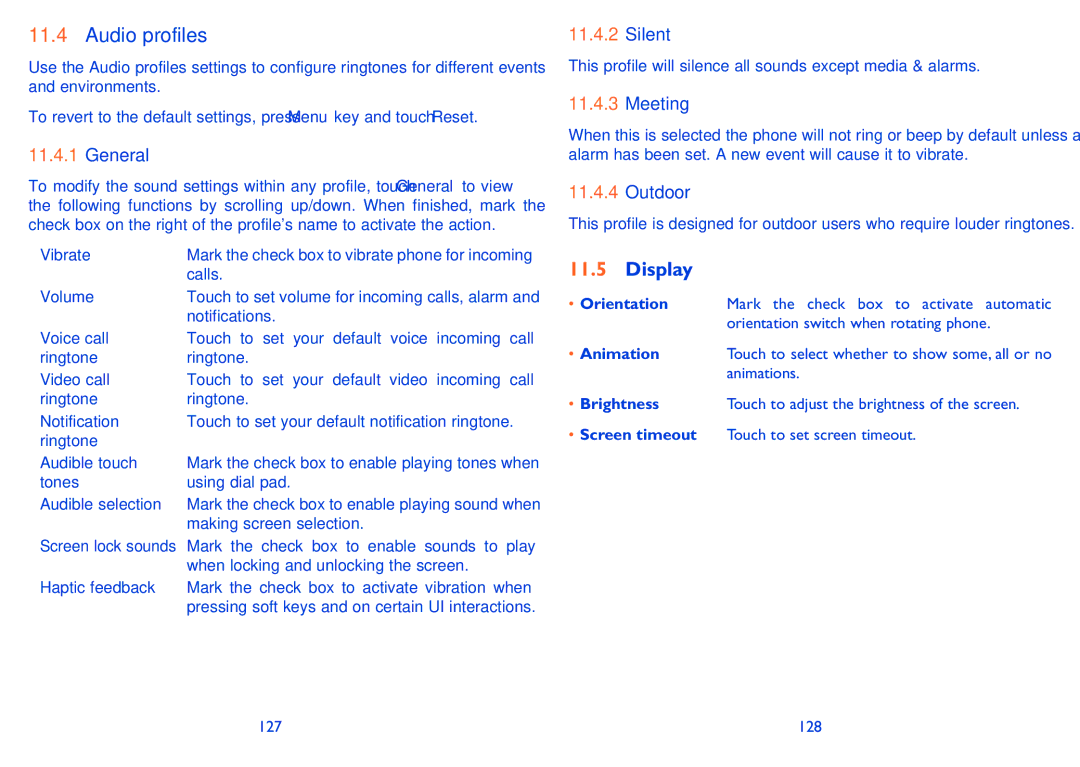 Alcatel 985N, 985D manual Audio profiles, Display 