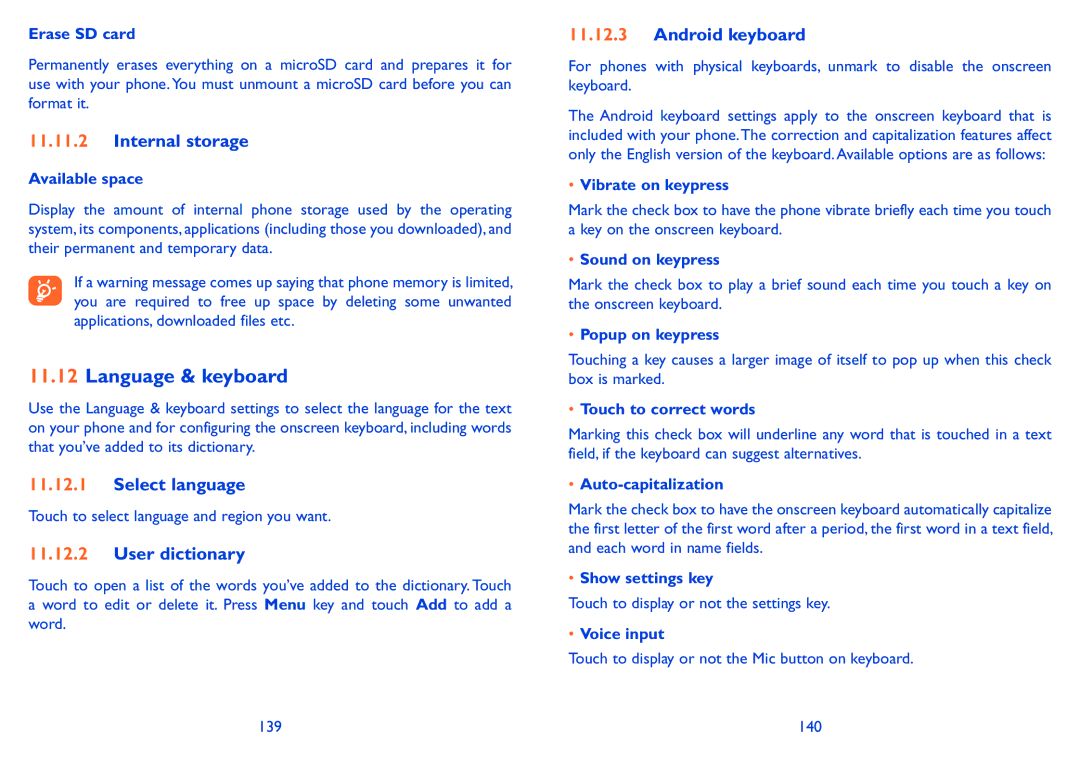 Alcatel 985N, 985D manual Language & keyboard, Internal storage, Select language, User dictionary 