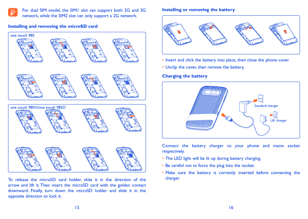 Alcatel 985N, 985D manual Installing and removing the microSD card, Installing or removing the battery, Charging the battery 