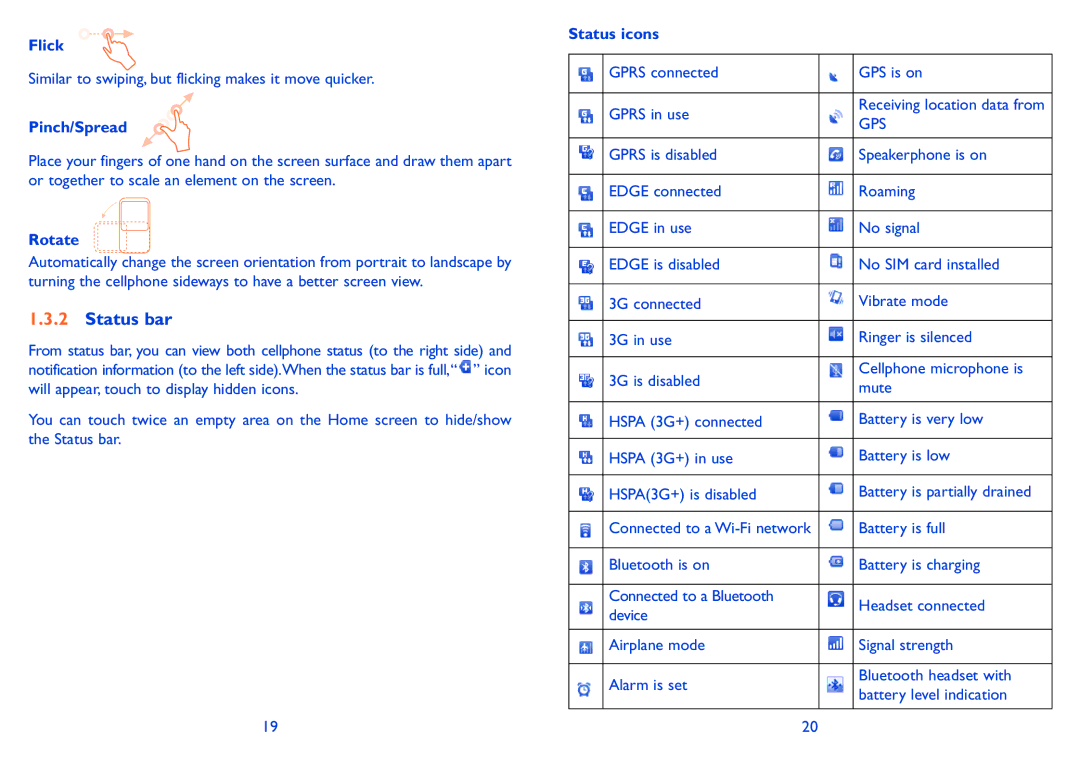 Alcatel 990A, 990S manual Status bar, Flick, Pinch/Spread, Rotate, Status icons 