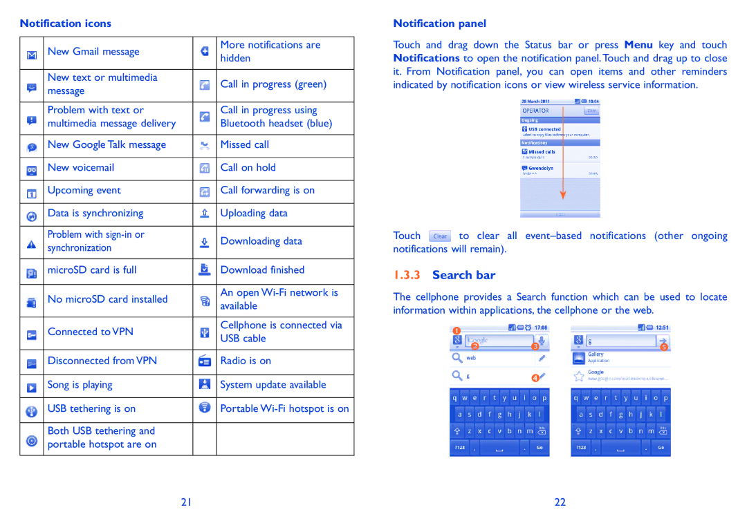 Alcatel 990S, 990A manual Search bar, Notification icons, Notification panel 