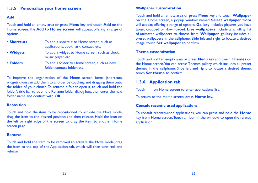 Alcatel 990S, 990A manual Personalize your home screen, Application tab 