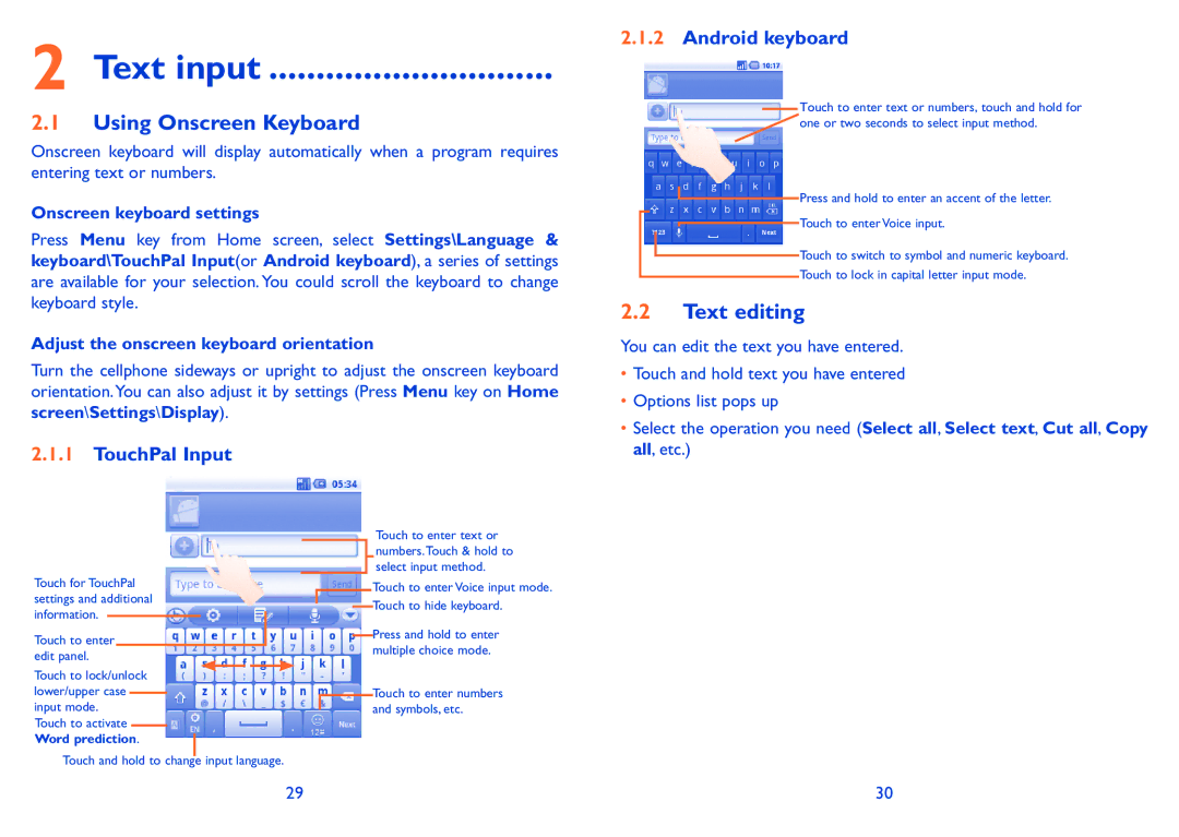 Alcatel 990S, 990A manual Text input, Using Onscreen Keyboard, Text editing, Android keyboard, TouchPal Input 