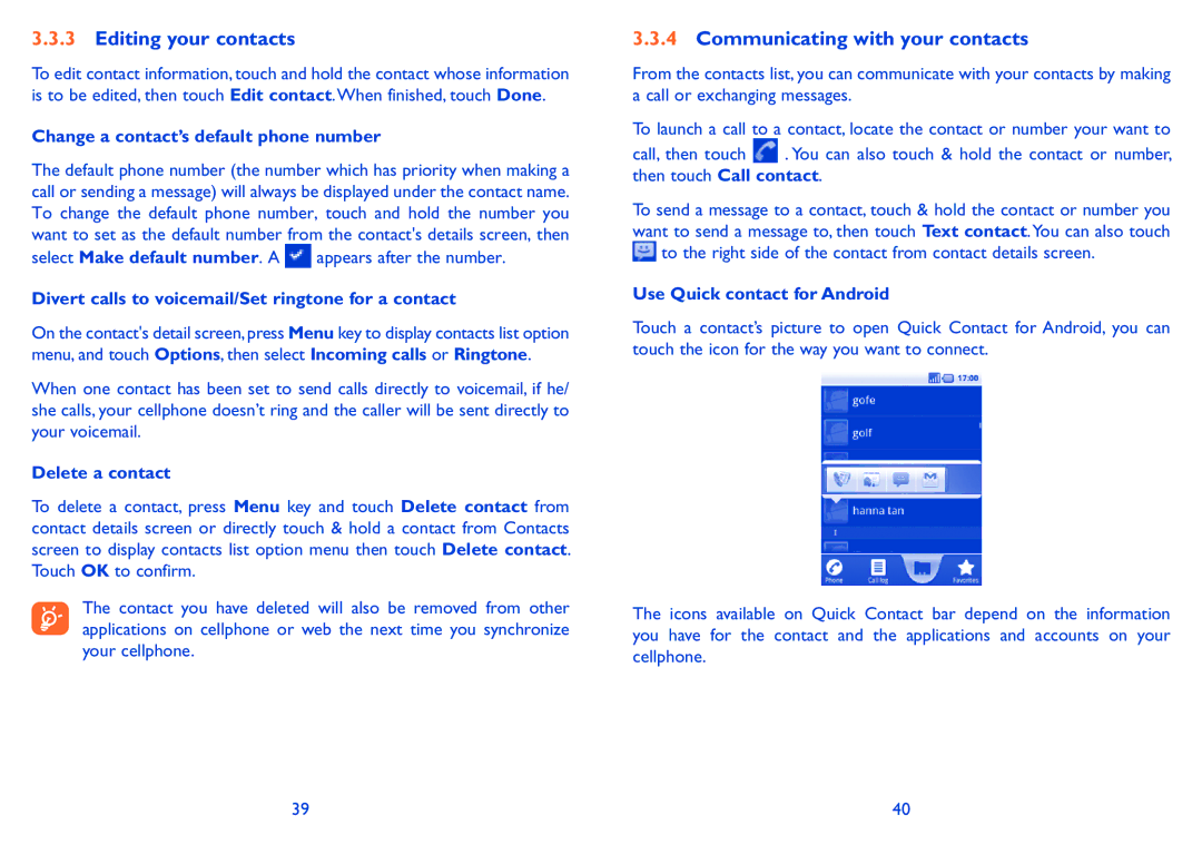 Alcatel 990A, 990S manual Editing your contacts, Communicating with your contacts 