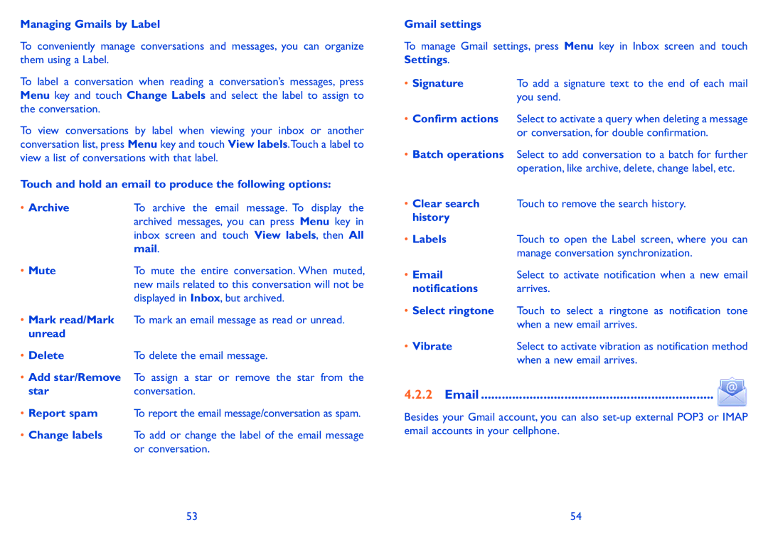 Alcatel 990S, 990A Managing Gmails by Label, Mail, Mute, Delete, Gmail settings, Signature, Labels, Notifications Arrives 