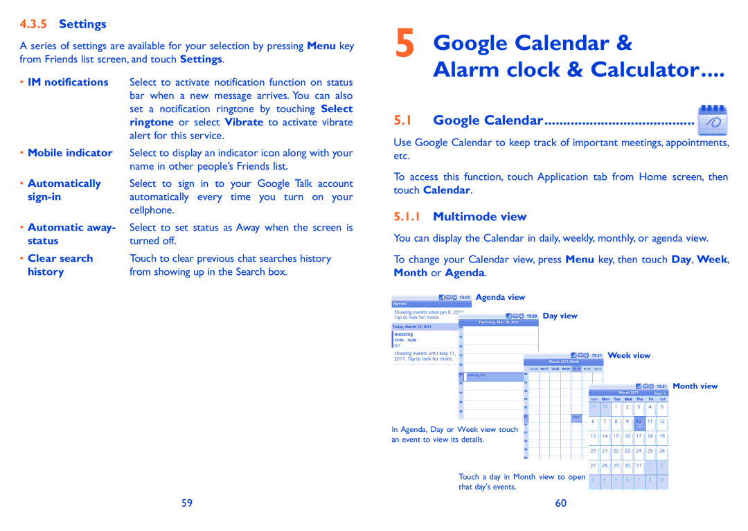 Alcatel 990A, 990S manual Google Calendar Alarm clock & Calculator, Settings, Multimode view 