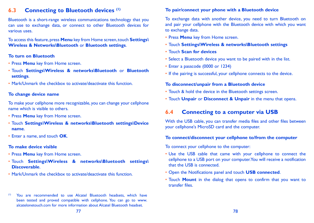 Alcatel 990S, 990A manual Connecting to Bluetooth devices, Connecting to a computer via USB 